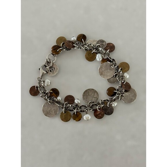 Silpada B1853 Silver Brass Copper Disc Pearl Tiger Eye Cha-Cha Link Bracelet - Picture 3 of 3